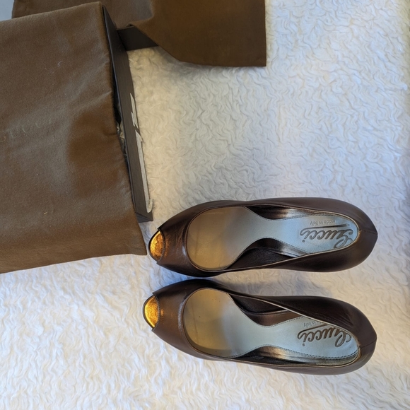 Gucci Light Bronze Nappa Silk Peep Toe Heels - Picture 11 of 12